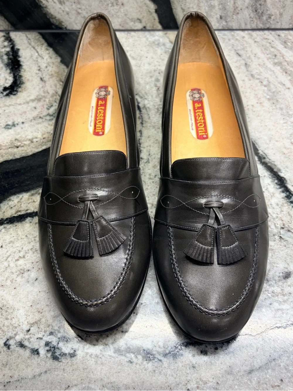 Testoni Tassel Loafers Gray Olive Leather Italy Men’s 9.5 D Handmade